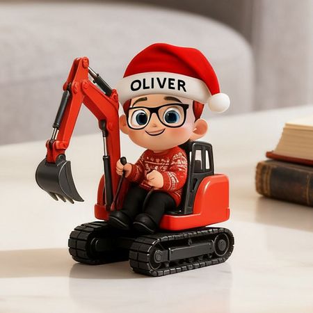 Eine speziell für kleine Jungen entworfene Acrylstatue zum Thema Weihnachten mit Motiven von Autos, Baggern und Traktoren.